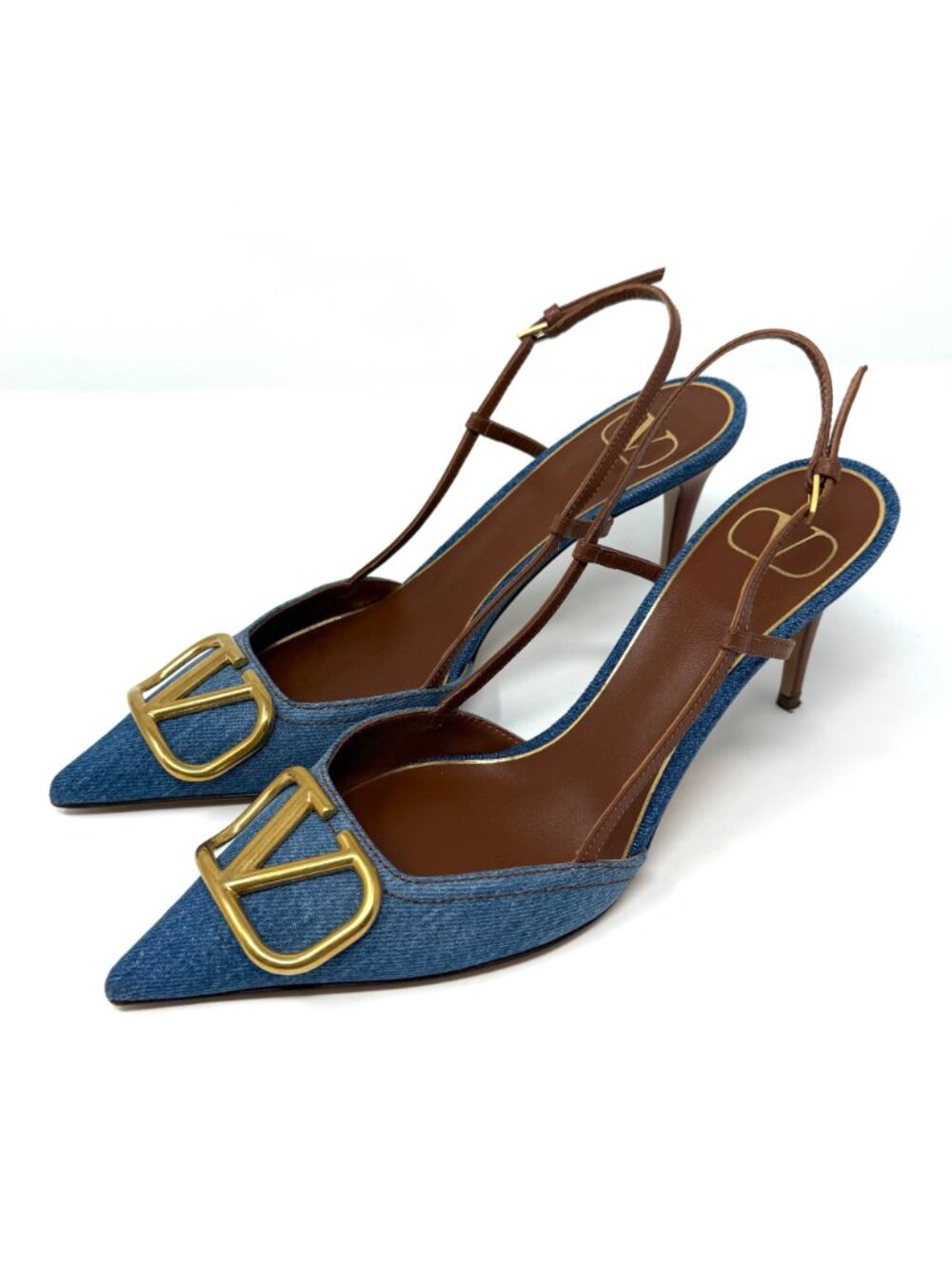 VALENTINO Garavani V Logo Gold & Denim Selleria Slingback Pumps Sz 39 - Picture 2 of 11